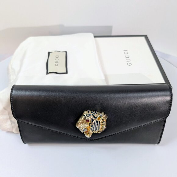 Gucci Black Rajah Broadway Smooth Leather Jeweled Tiger Head Clutch - Picture 15 of 15